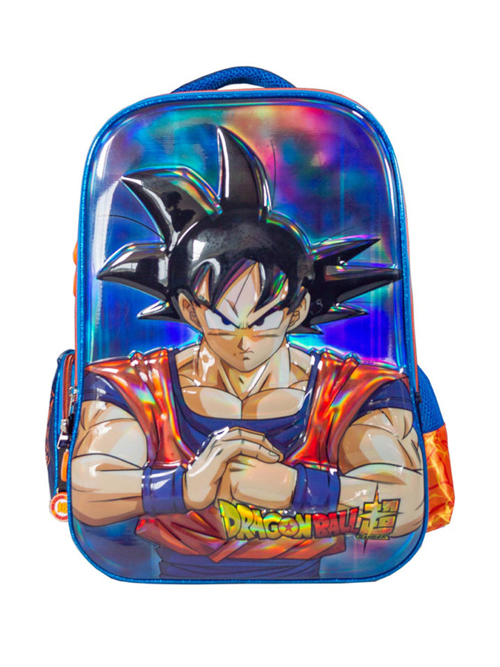 Mochila escolar azul y naranja con diseño holográfico en 3D de Goku de Dragon Ball Super.