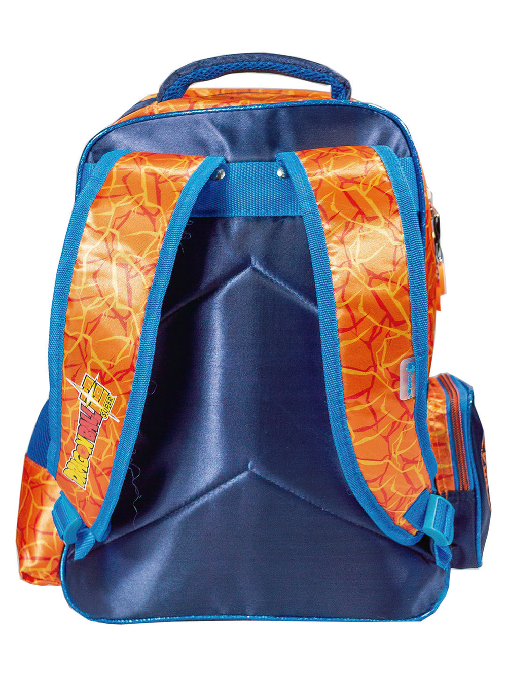 Mochila escolar azul y naranja con diseño holográfico en 3D de Goku de Dragon Ball Super.