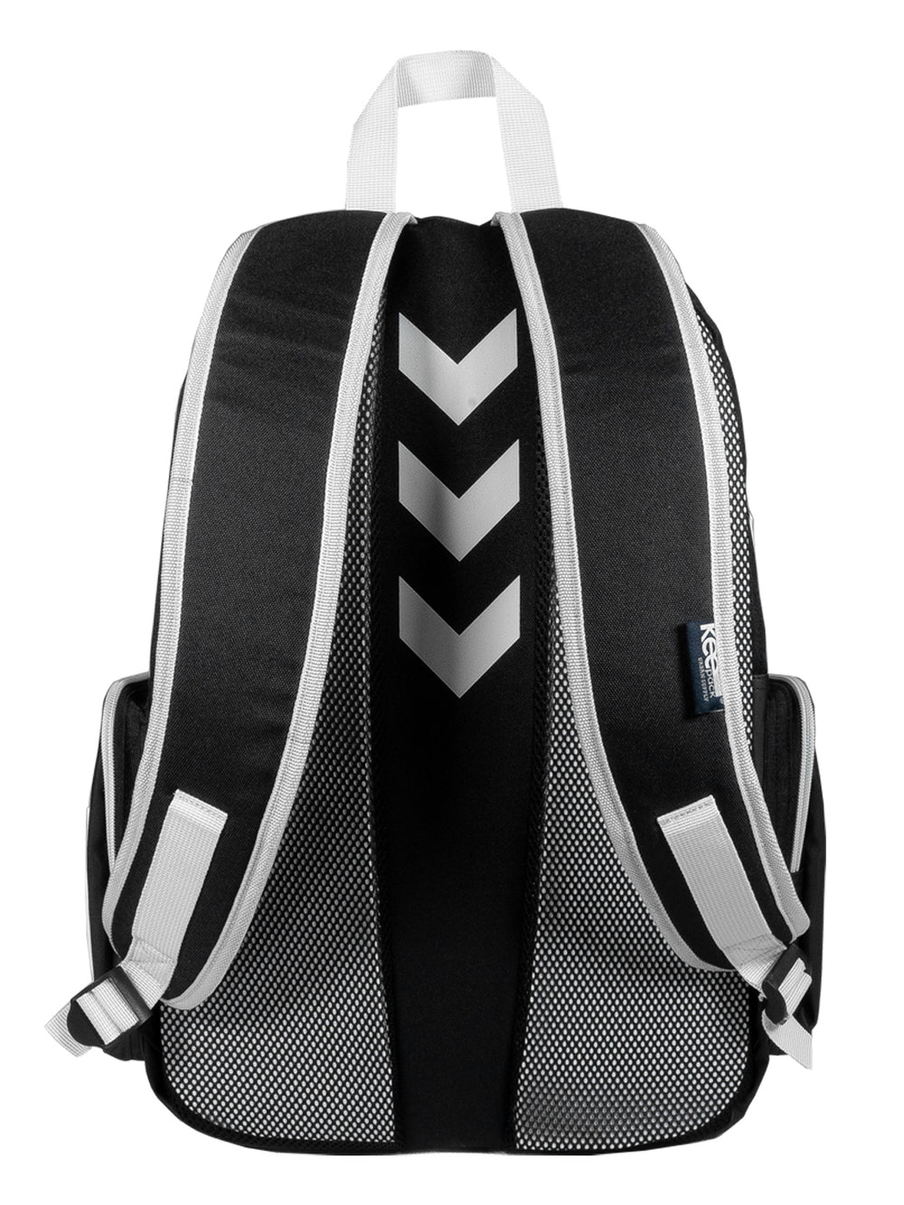 Mochila escolar color negro con detalles en gris y blanco, marca KeePack.