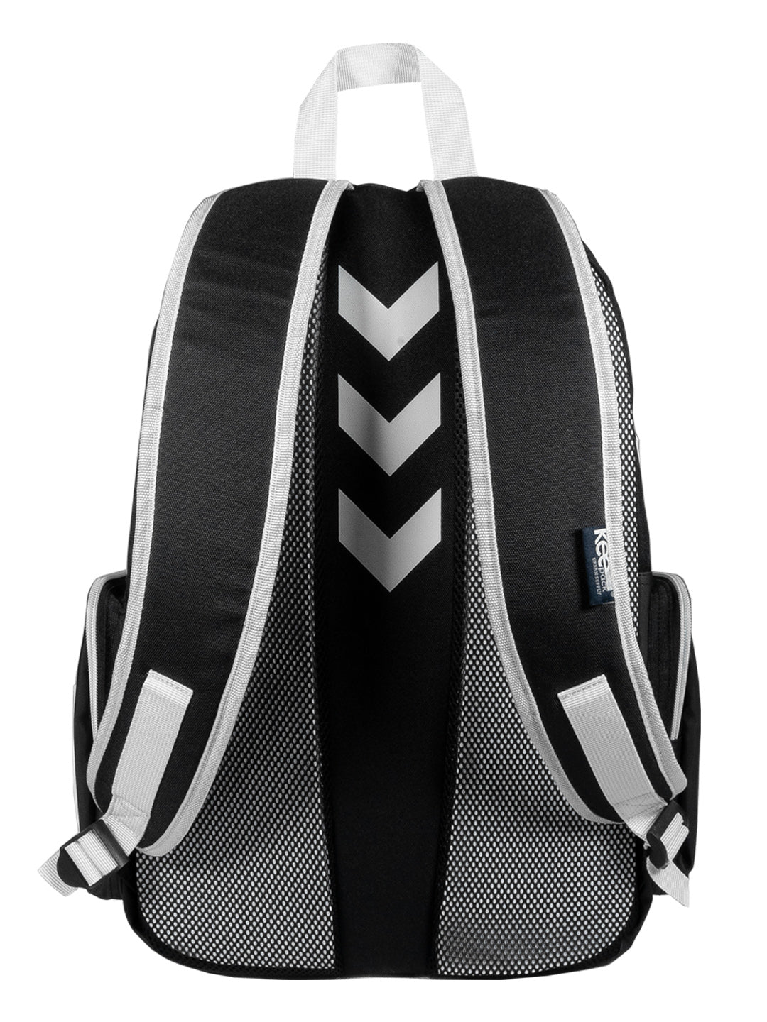 Mochila escolar color negro con detalles en gris y blanco, marca KeePack.