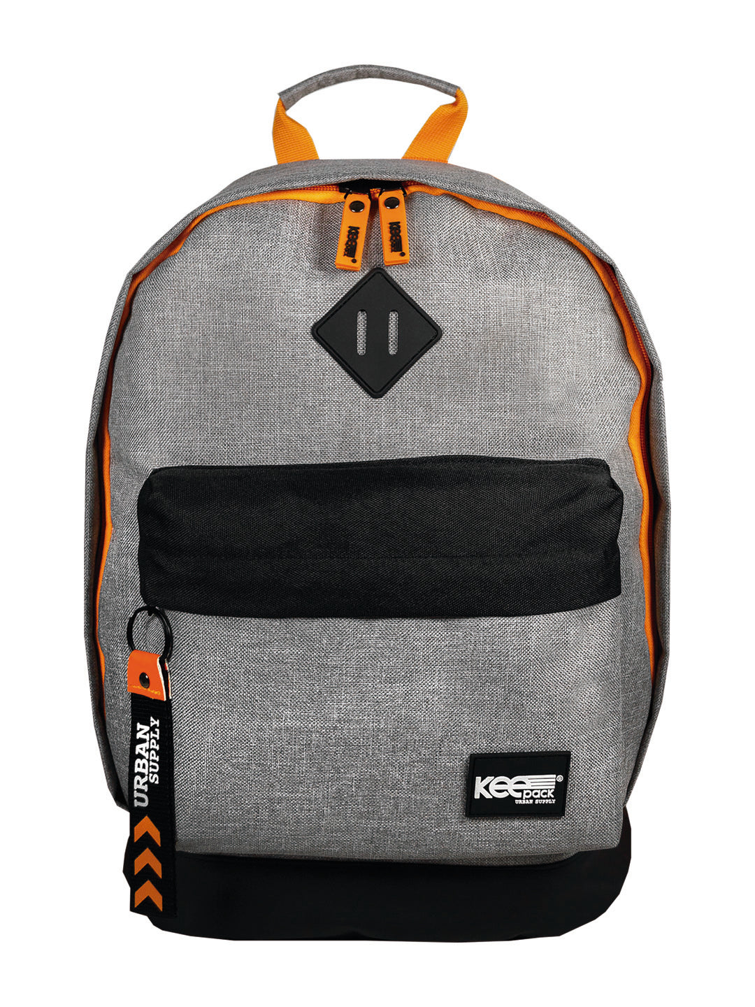Mochila escolar color gris con detalles en negro y naranja, diseño casual para niño.