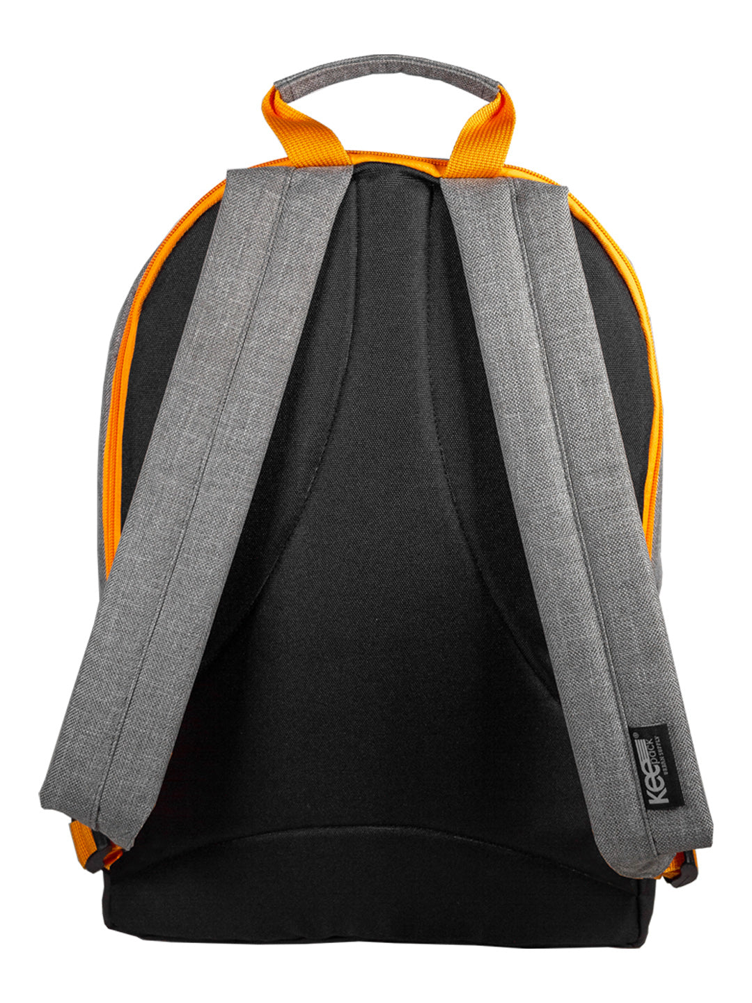 Mochila escolar color gris con detalles en negro y naranja, diseño casual para niño.
