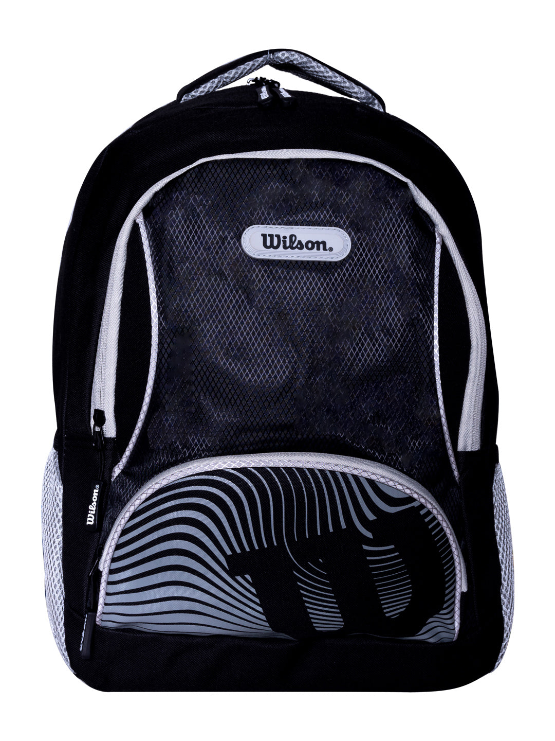 Mochila escolar Wilson de color negro y gris con panel frontal de malla.
