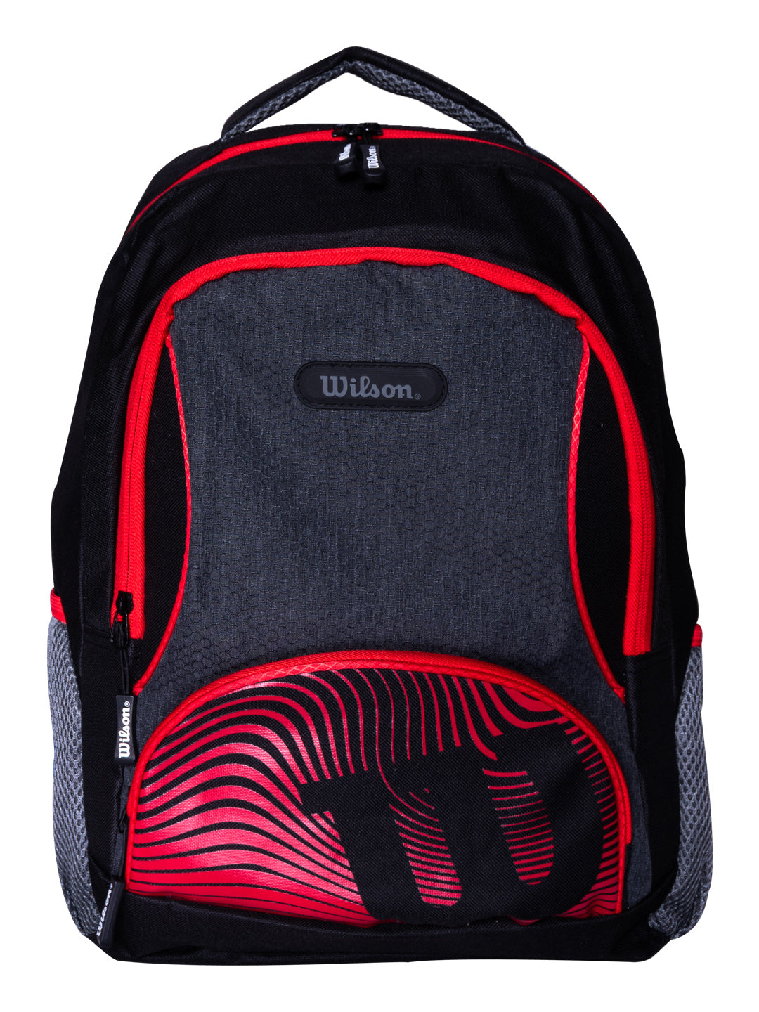 Mochila escolar Wilson en colores gris, negro y rojo con diseño deportivo.