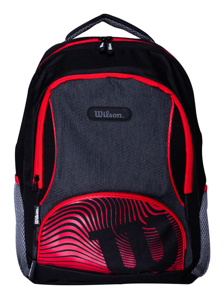 Mochila escolar Wilson en colores gris, negro y rojo con diseño deportivo.