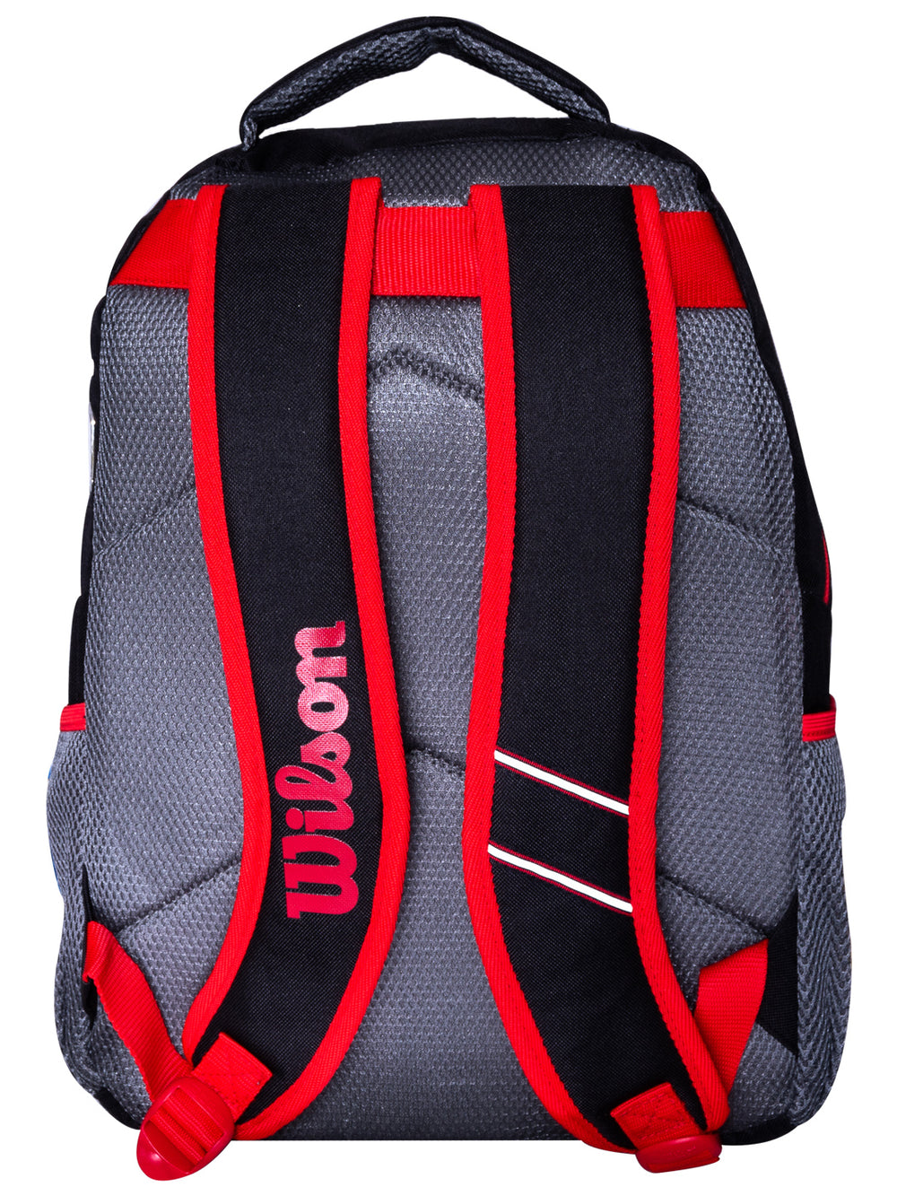 Mochila escolar Wilson en colores gris, negro y rojo con diseño deportivo.