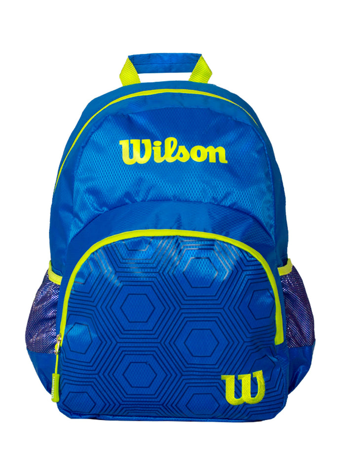 Mochila escolar azul con detalles amarillos y logotipo de Wilson.