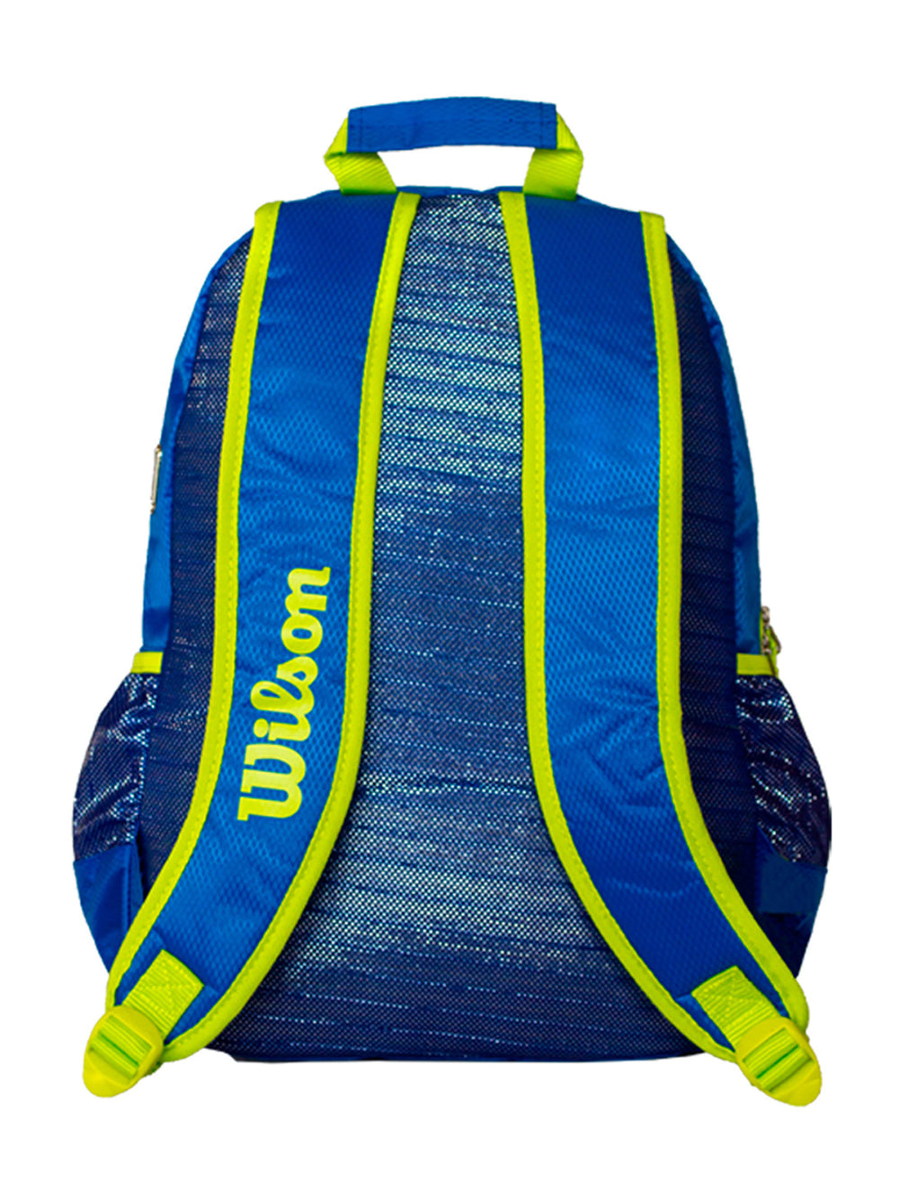 Mochila escolar azul con detalles amarillos y logotipo de Wilson.