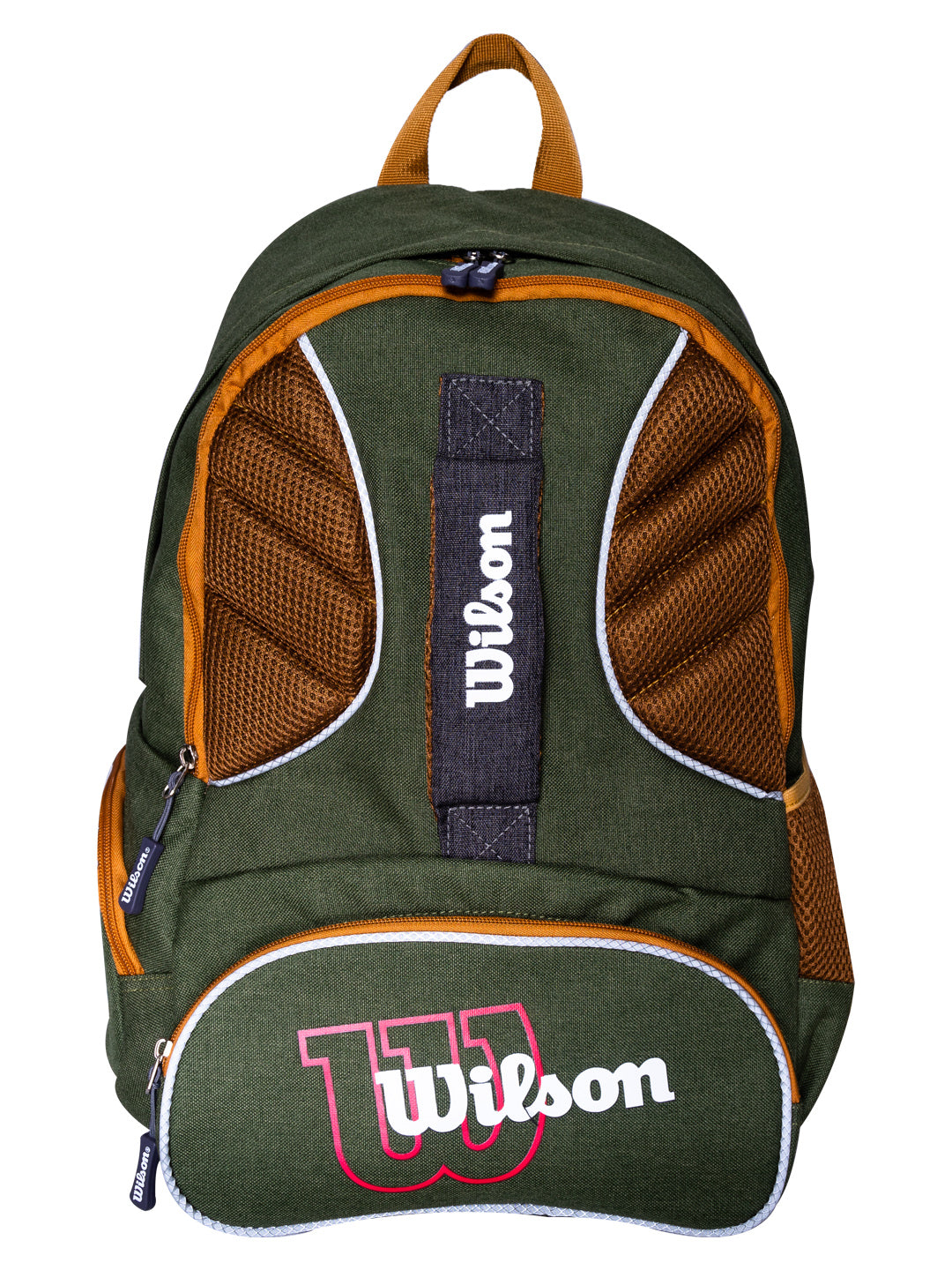Mochila escolar Wilson de color verde oliva y café con detalles en blanco.
