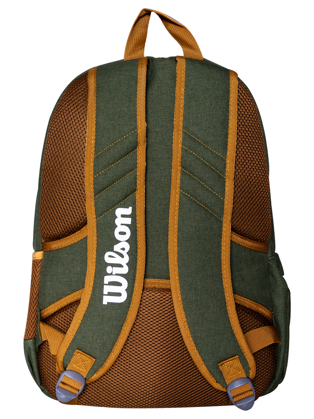 Mochila escolar Wilson de color verde oliva y café con detalles en blanco.
