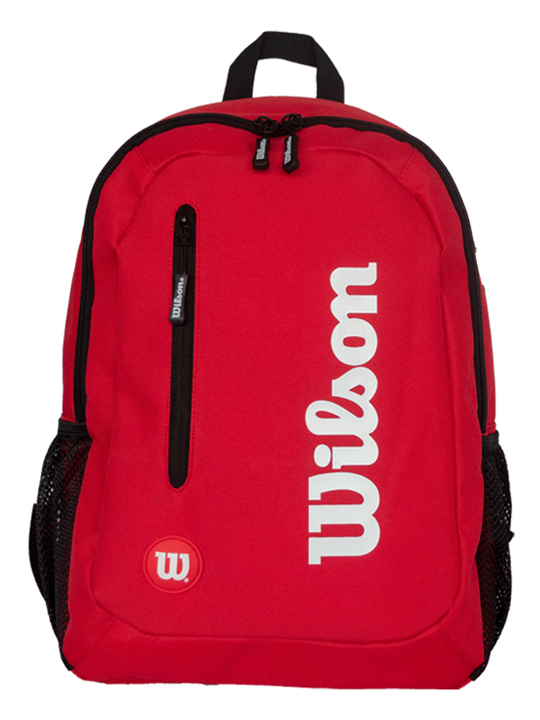 Mochila escolar Wilson color rojo con detalles y bolsillos laterales en negro.