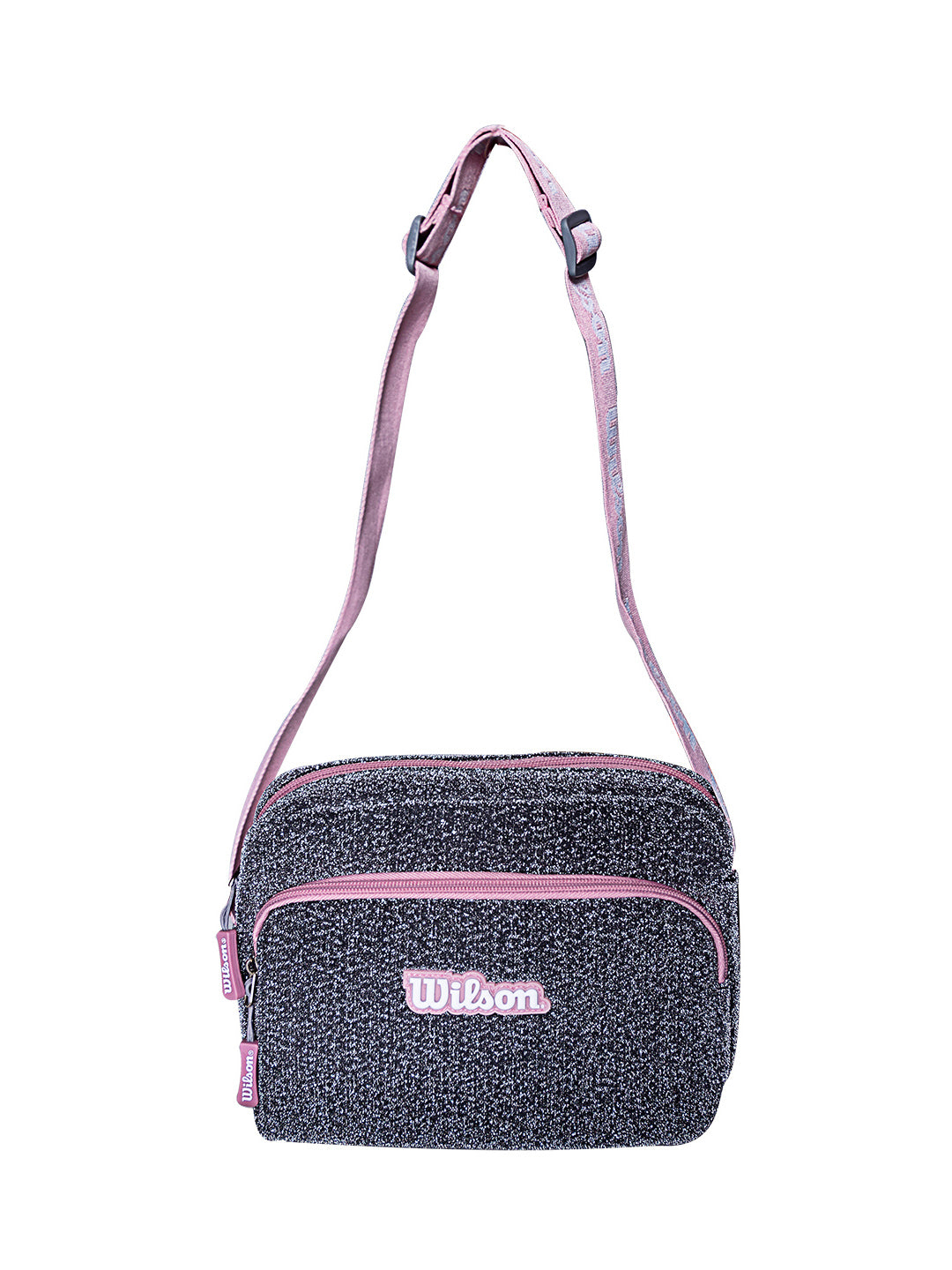 Bolsa deportiva Wilson color gris con correa y detalles en rosa.