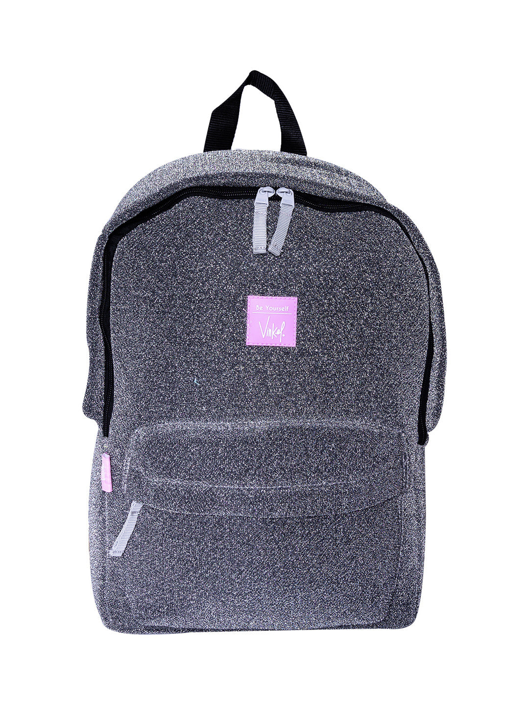 Mochila escolar color gris texturizado con detalles en rosa y asa superior negra.
