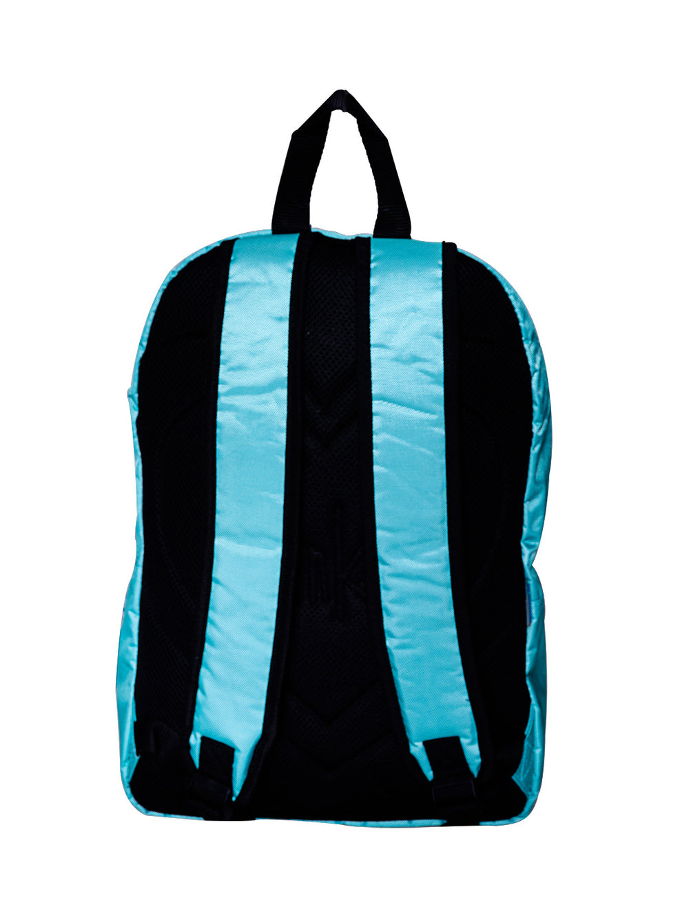 Mochila escolar para niña en color menta con bolsillo frontal gris brillante y asa negra.