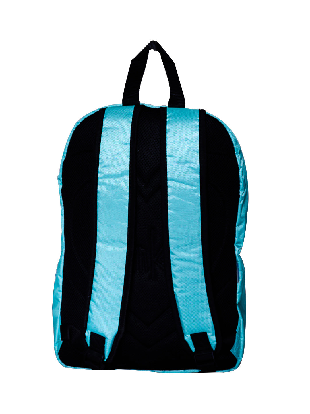 Mochila escolar para niña en color menta con bolsillo frontal gris brillante y asa negra.