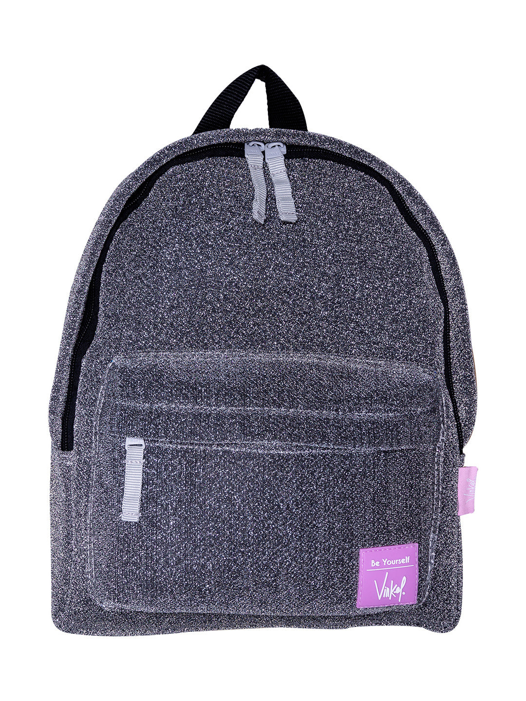 Mochila escolar color gris brillante con detalles y logo en color rosa.