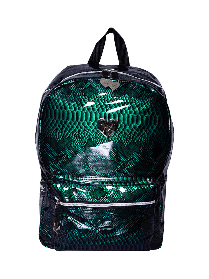 Mochila escolar para niña en color verde esmeralda con estampado de piel de serpiente brillante y detalle de corazón.