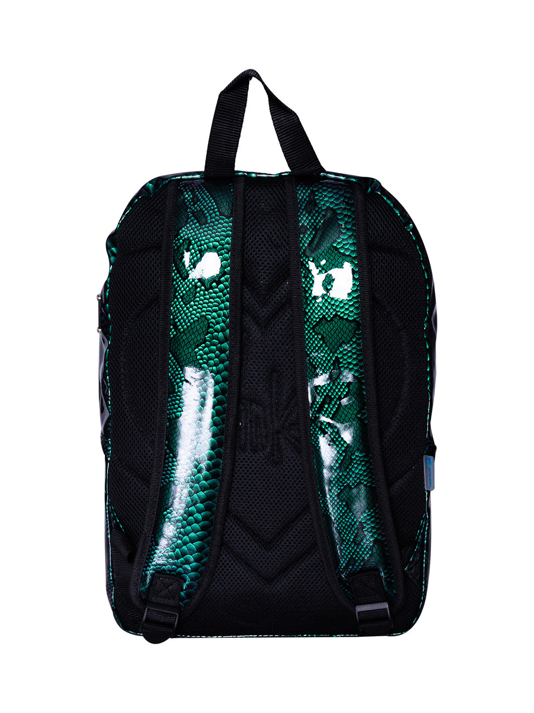 Mochila escolar para niña en color verde esmeralda con estampado de piel de serpiente brillante y detalle de corazón.