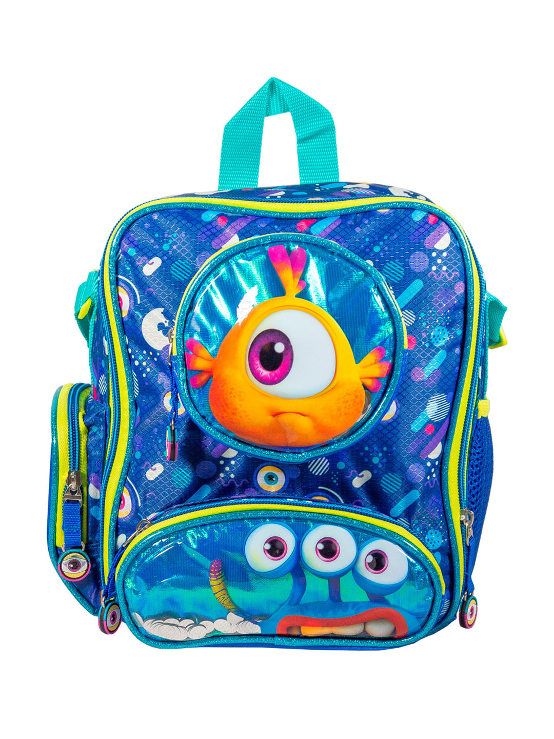 Lonchera infantil azul con imágenes de personajes de Monsters Inc y asa verde.