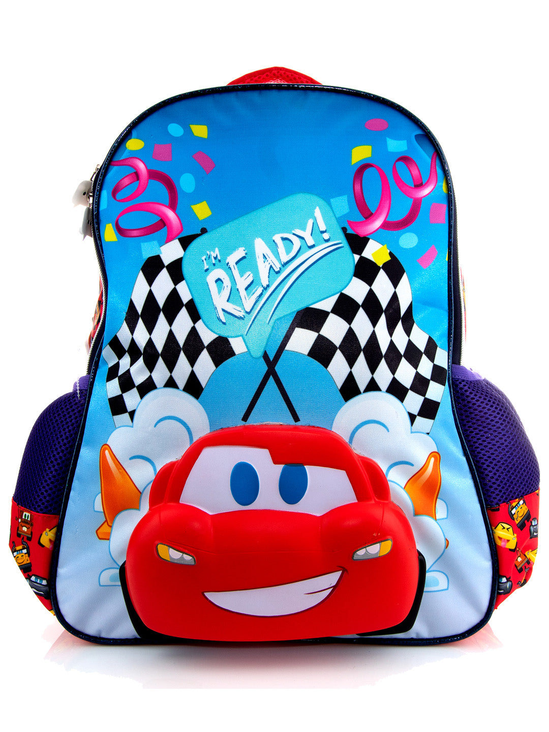 Mochila escolar infantil de Cars en color azul y rojo con relieve 3D de Rayo McQueen.