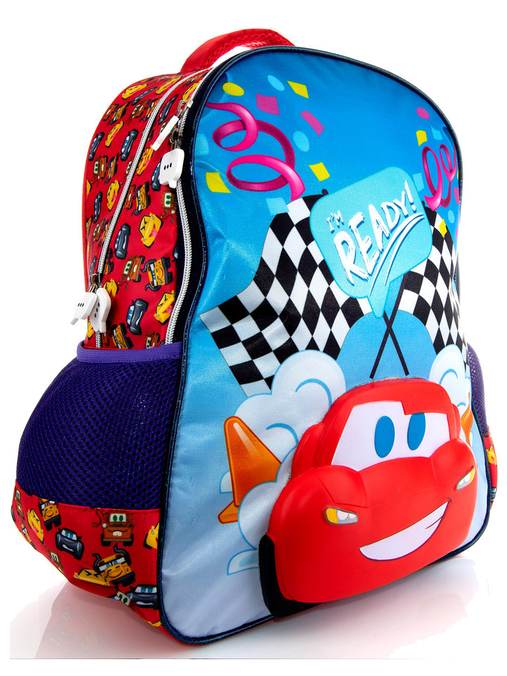 Mochila escolar infantil de Cars en color azul y rojo con relieve 3D de Rayo McQueen.