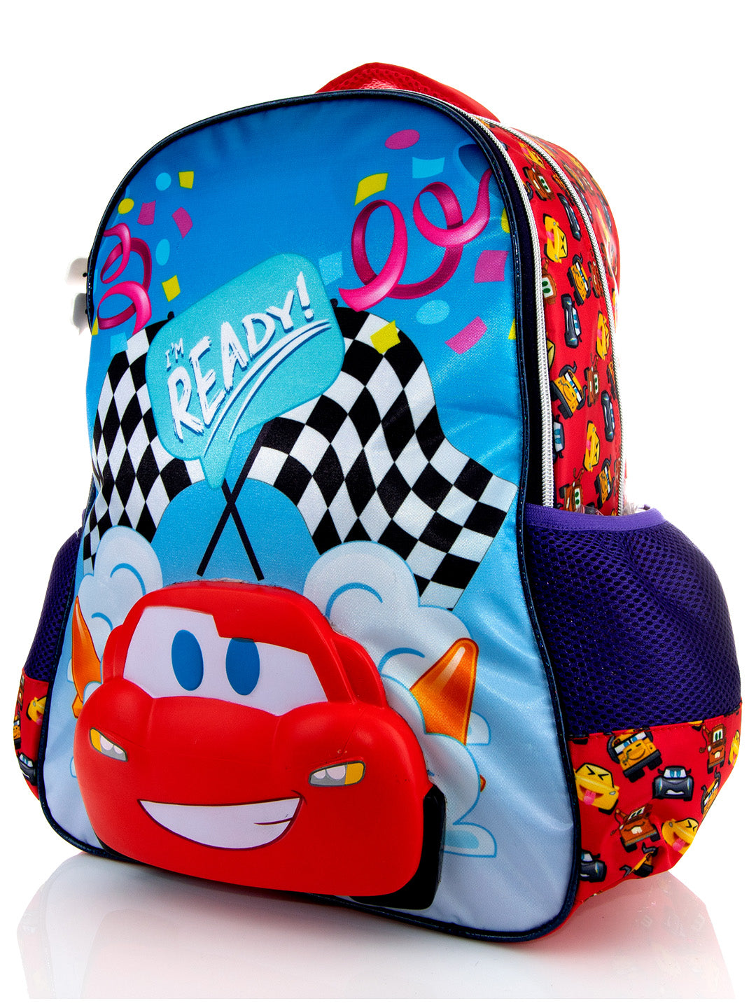 Mochila escolar infantil de Cars en color azul y rojo con relieve 3D de Rayo McQueen.