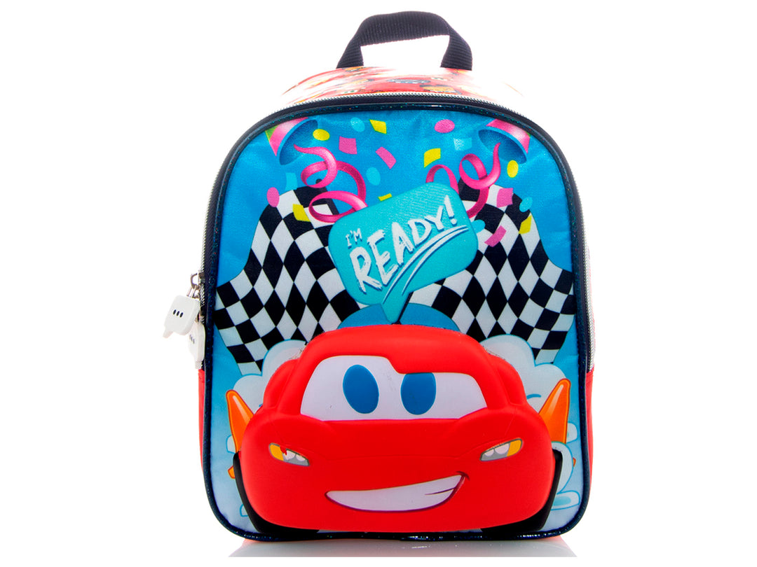 Lonchera infantil de Rayo McQueen con colores rojo y azul y diseño de bandera a cuadros.