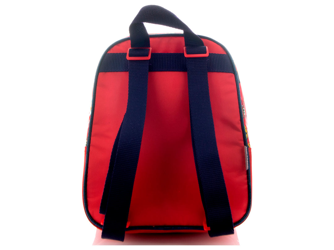 Lonchera infantil de Rayo McQueen con colores rojo y azul y diseño de bandera a cuadros.