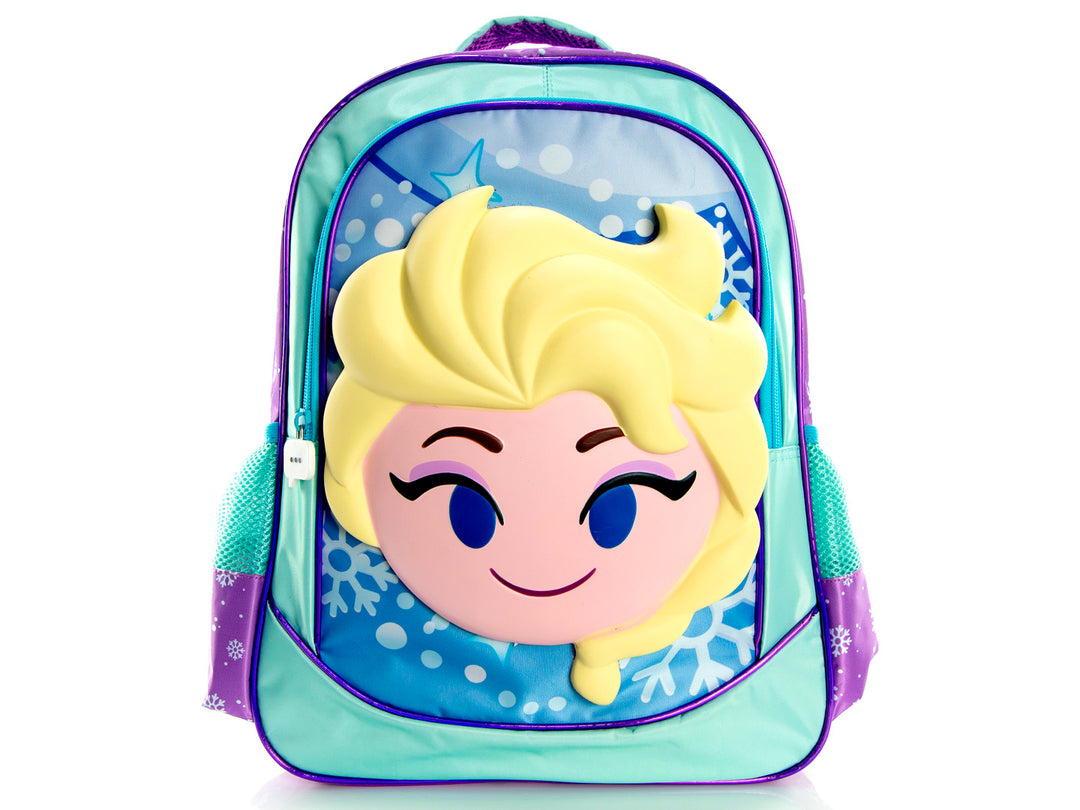 Mochila infantil de Frozen color azul y lila con rostro de Elsa en relieve 3D.