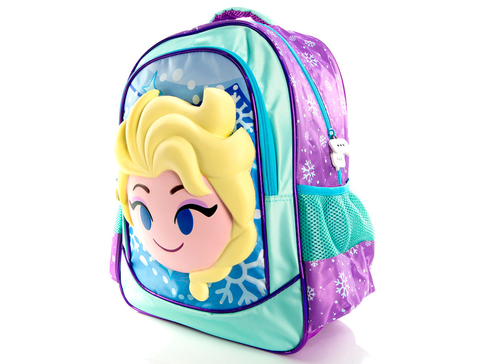 Mochila infantil de Frozen color azul y lila con rostro de Elsa en relieve 3D.