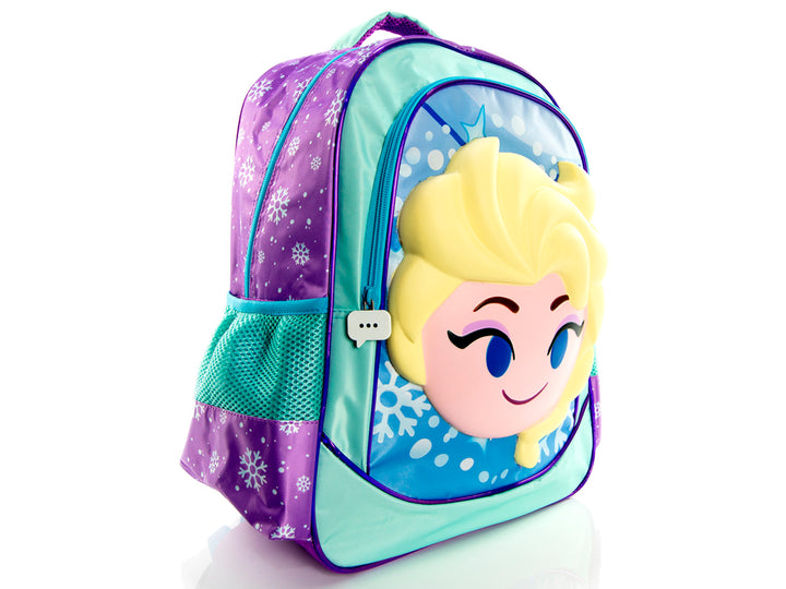 Mochila infantil de Frozen color azul y lila con rostro de Elsa en relieve 3D.