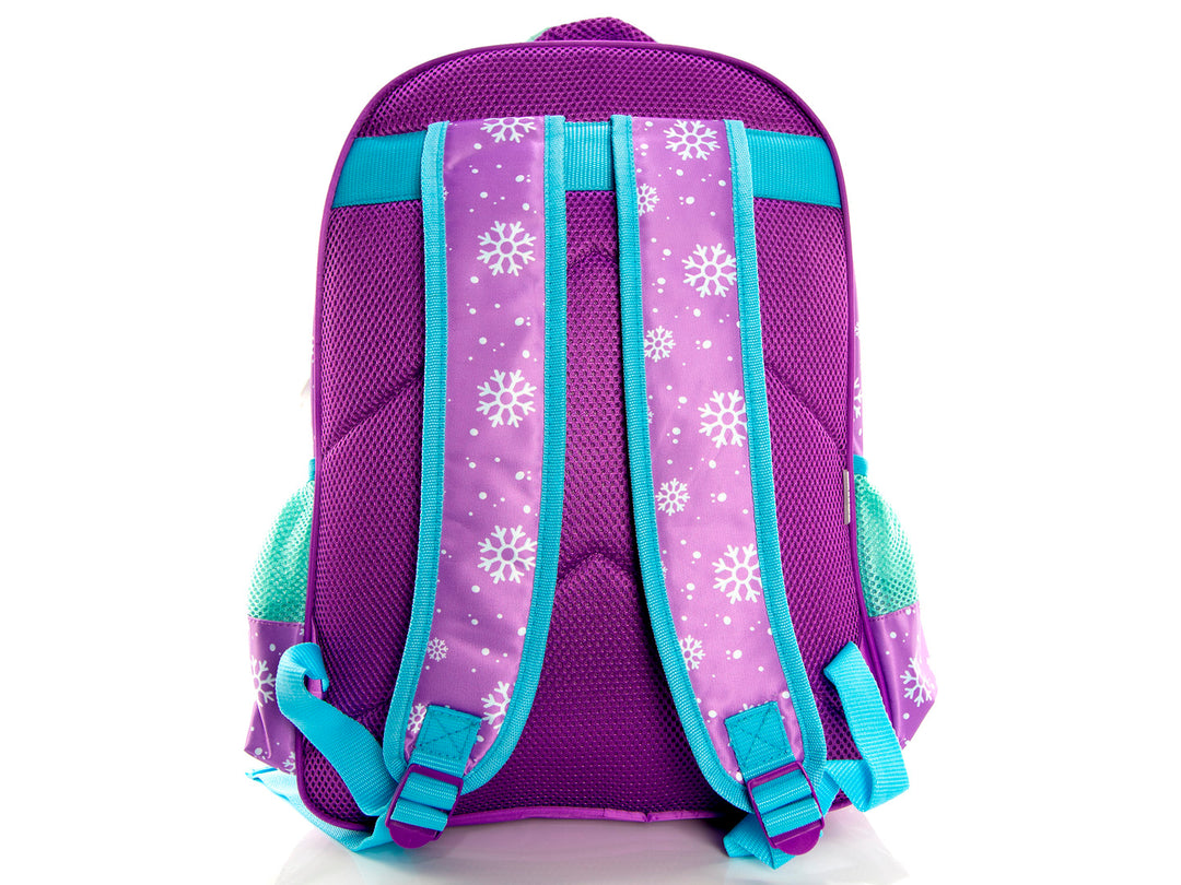 Mochila infantil de Frozen color azul y lila con rostro de Elsa en relieve 3D.