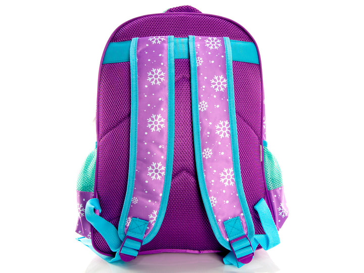 Mochila infantil de Frozen color azul y lila con rostro de Elsa en relieve 3D.