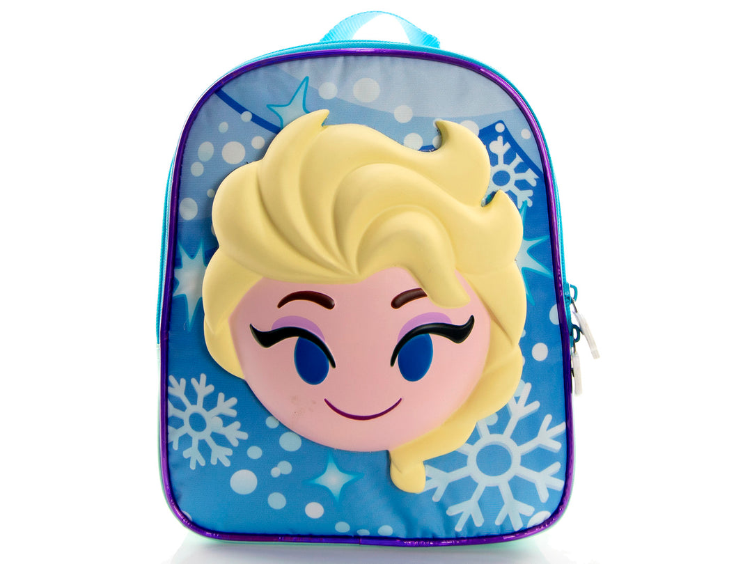 Lonchera infantil azul de Frozen con rostro de Elsa en relieve 3D y estampado de copos de nieve.