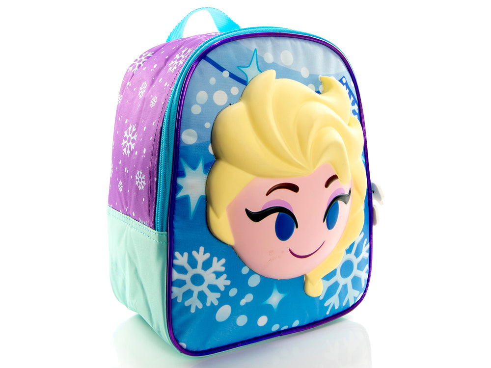 Lonchera infantil azul de Frozen con rostro de Elsa en relieve 3D y estampado de copos de nieve.