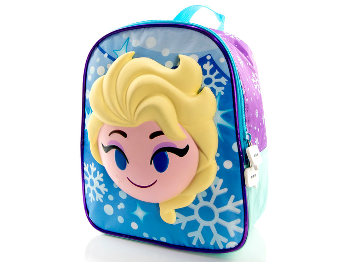 Lonchera infantil azul de Frozen con rostro de Elsa en relieve 3D y estampado de copos de nieve.