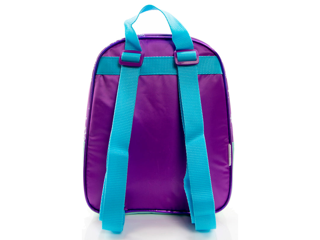 Lonchera infantil azul de Frozen con rostro de Elsa en relieve 3D y estampado de copos de nieve.