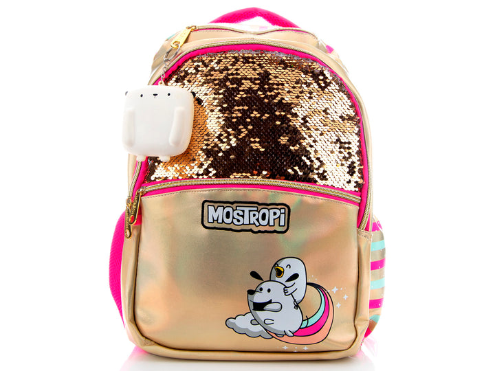 Mochila infantil dorada con lentejuelas, detalles en rosa y un pequeño peluche blanco.