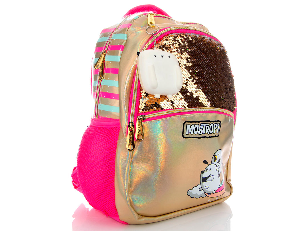Mochila infantil dorada con lentejuelas, detalles en rosa y un pequeño peluche blanco.