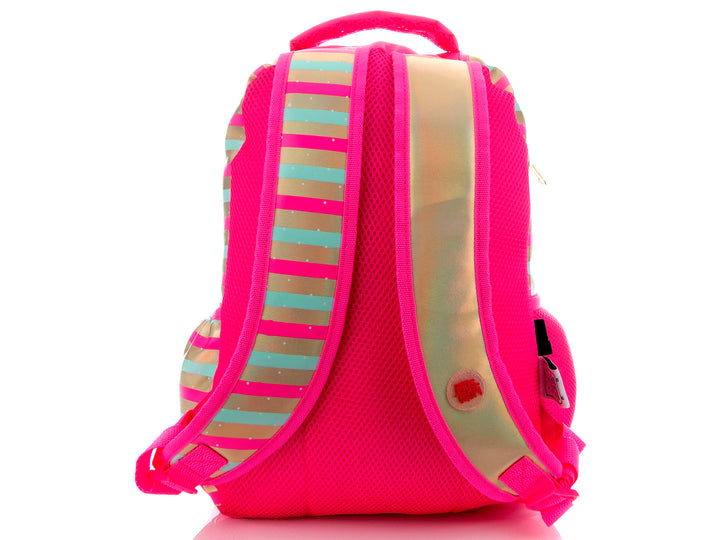 Mochila infantil dorada con lentejuelas, detalles en rosa y un pequeño peluche blanco.