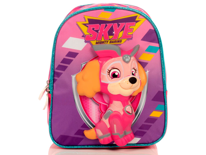 Lonchera infantil de Paw Patrol en colores lila y rosa con relieve 3D del personaje Skye.
