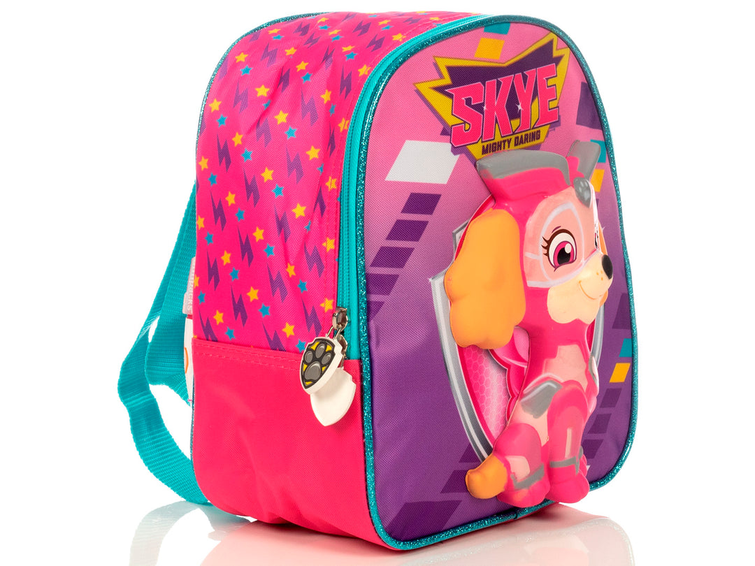 Lonchera infantil de Paw Patrol en colores lila y rosa con relieve 3D del personaje Skye.
