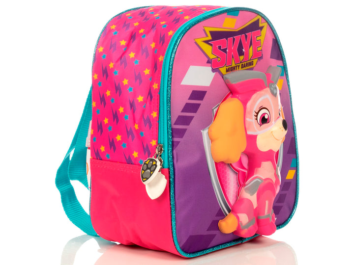 Lonchera infantil de Paw Patrol en colores lila y rosa con relieve 3D del personaje Skye.