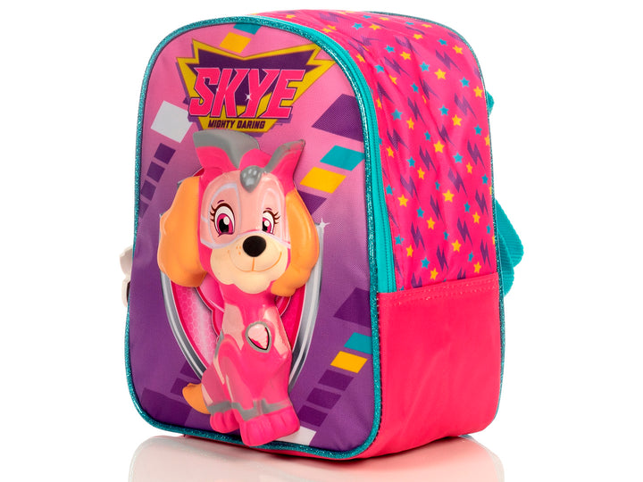Lonchera infantil de Paw Patrol en colores lila y rosa con relieve 3D del personaje Skye.