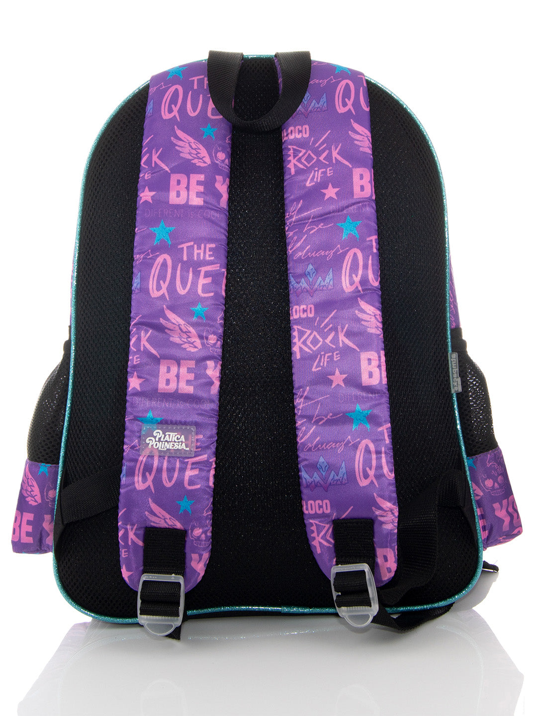 Mochila infantil morada con estampado de labios amarillos y frases coloridas.