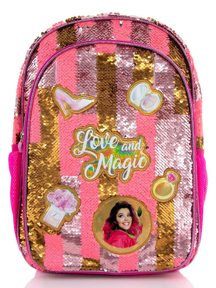Mochila infantil rosa y dorada con lentejuelas y diseños coloridos de Love and Magic.