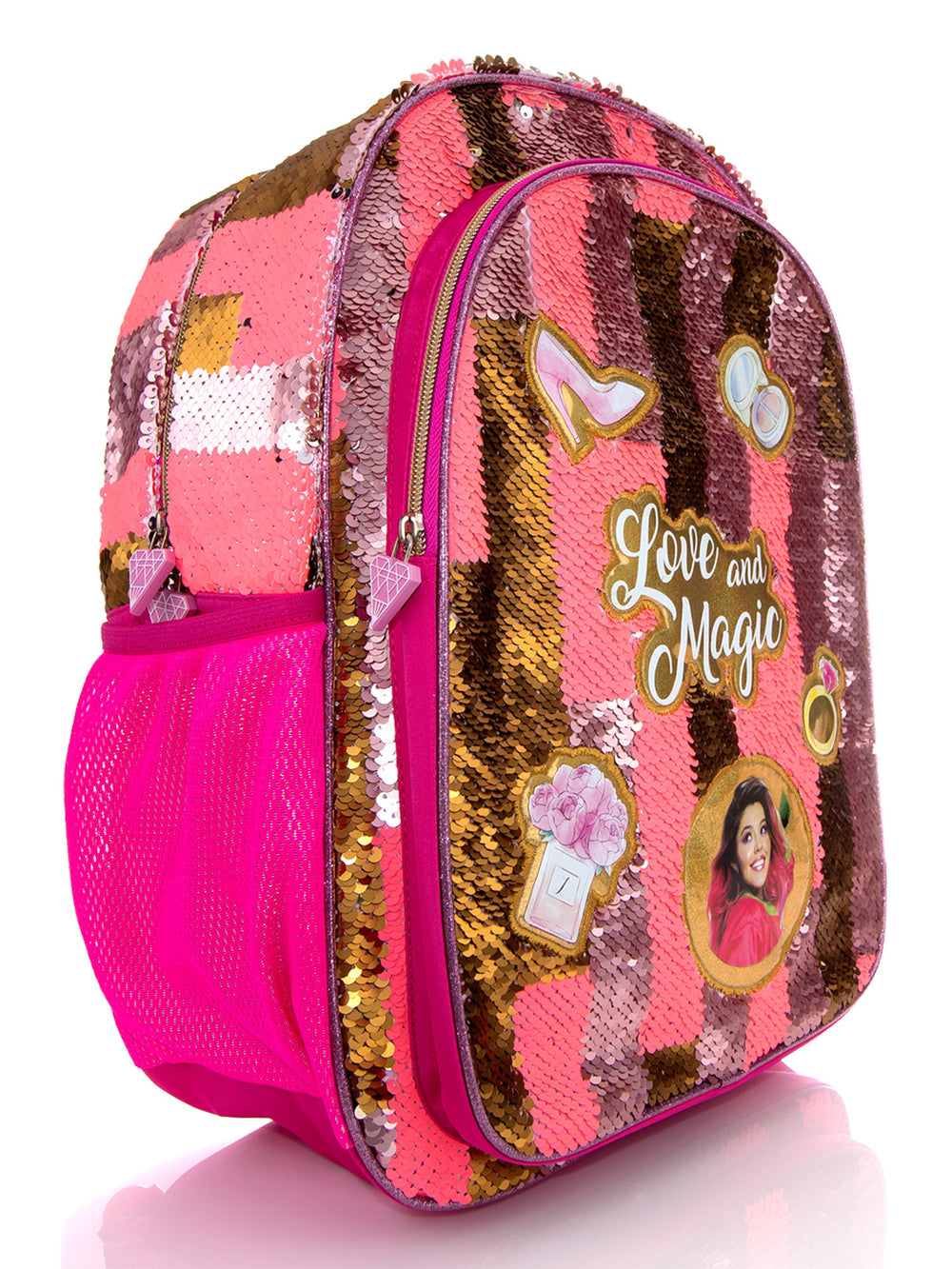 Mochila infantil rosa y dorada con lentejuelas y diseños coloridos de Love and Magic.