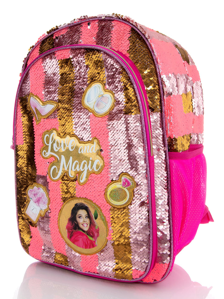 Mochila infantil rosa y dorada con lentejuelas y diseños coloridos de Love and Magic.