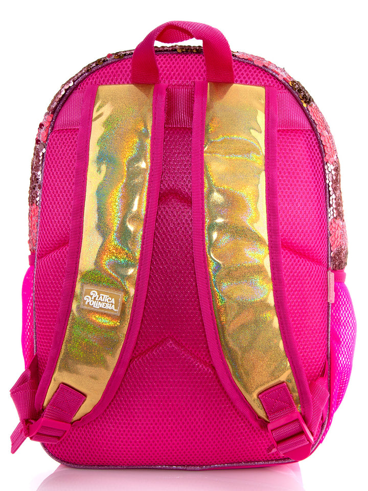 Mochila infantil rosa y dorada con lentejuelas y diseños coloridos de Love and Magic.