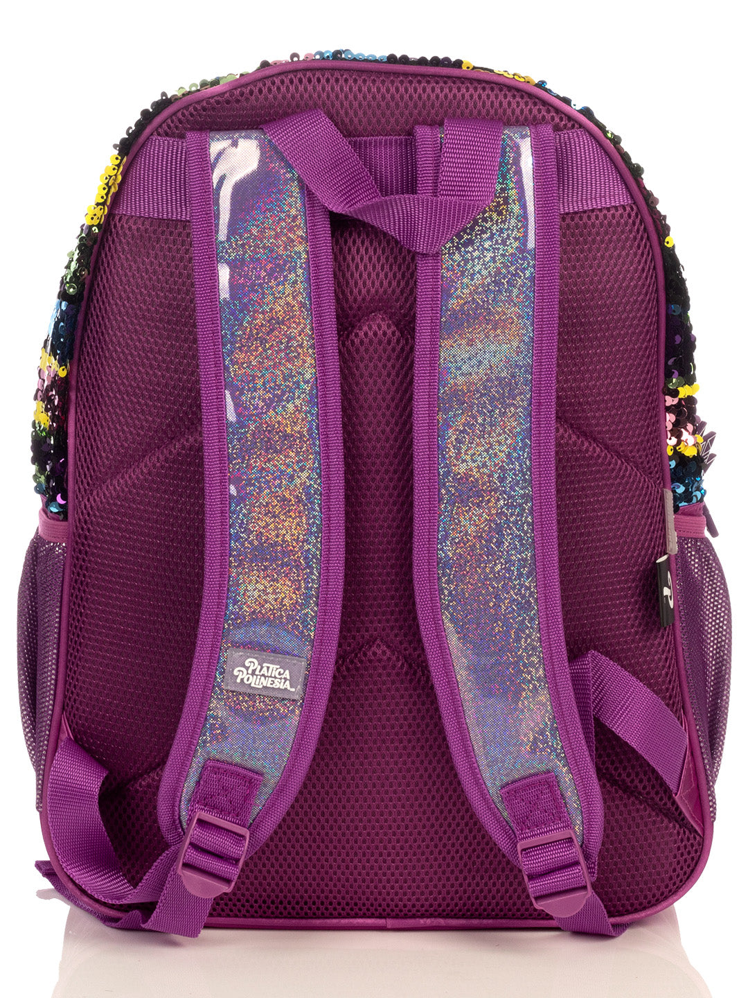 Mochila infantil multicolor con lentejuelas y estampado de Polinesios.